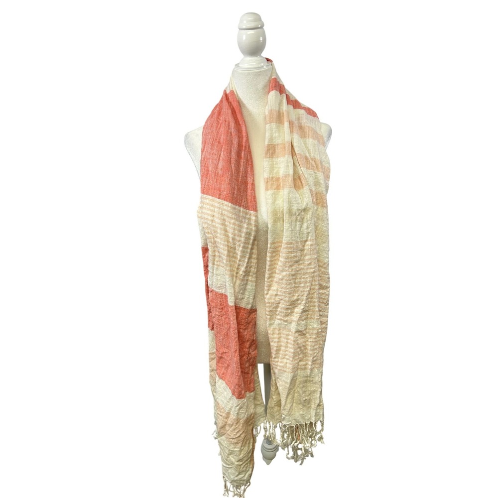 Beachy Boho Cotton Scarf Women OS Coral Peach Cream Striped Fringed Wrap Shawl